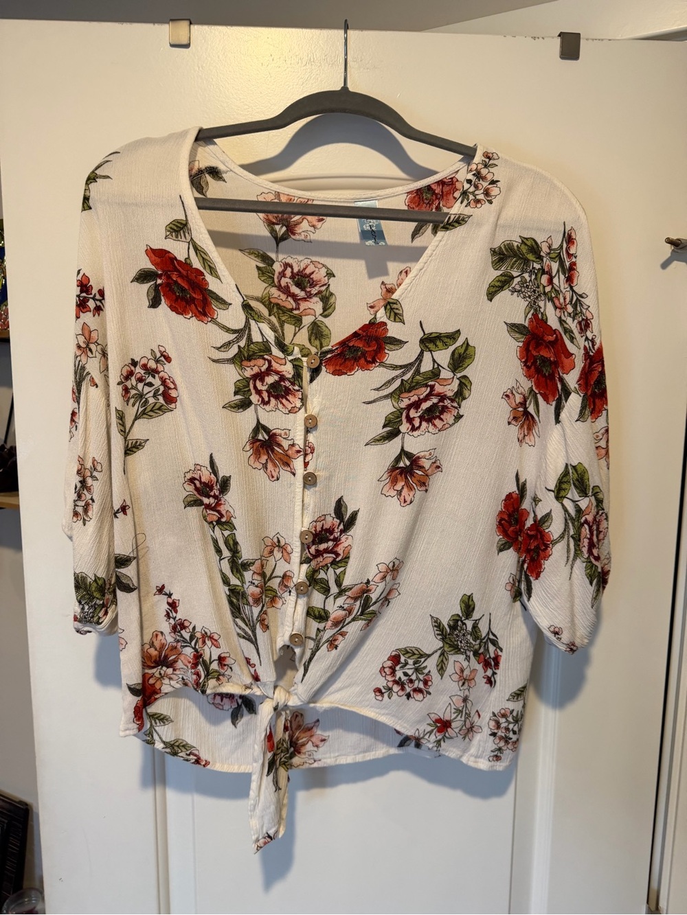 Tie-Front Floral Button Blouse - White with Red Floral